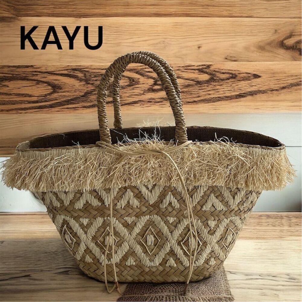 KAYU Women's Handwoven Natural Straw Basket Fully Lined Tote Drawstring Closure